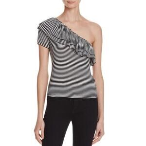Splendid Striped Ruffle Black One Shoulder Top